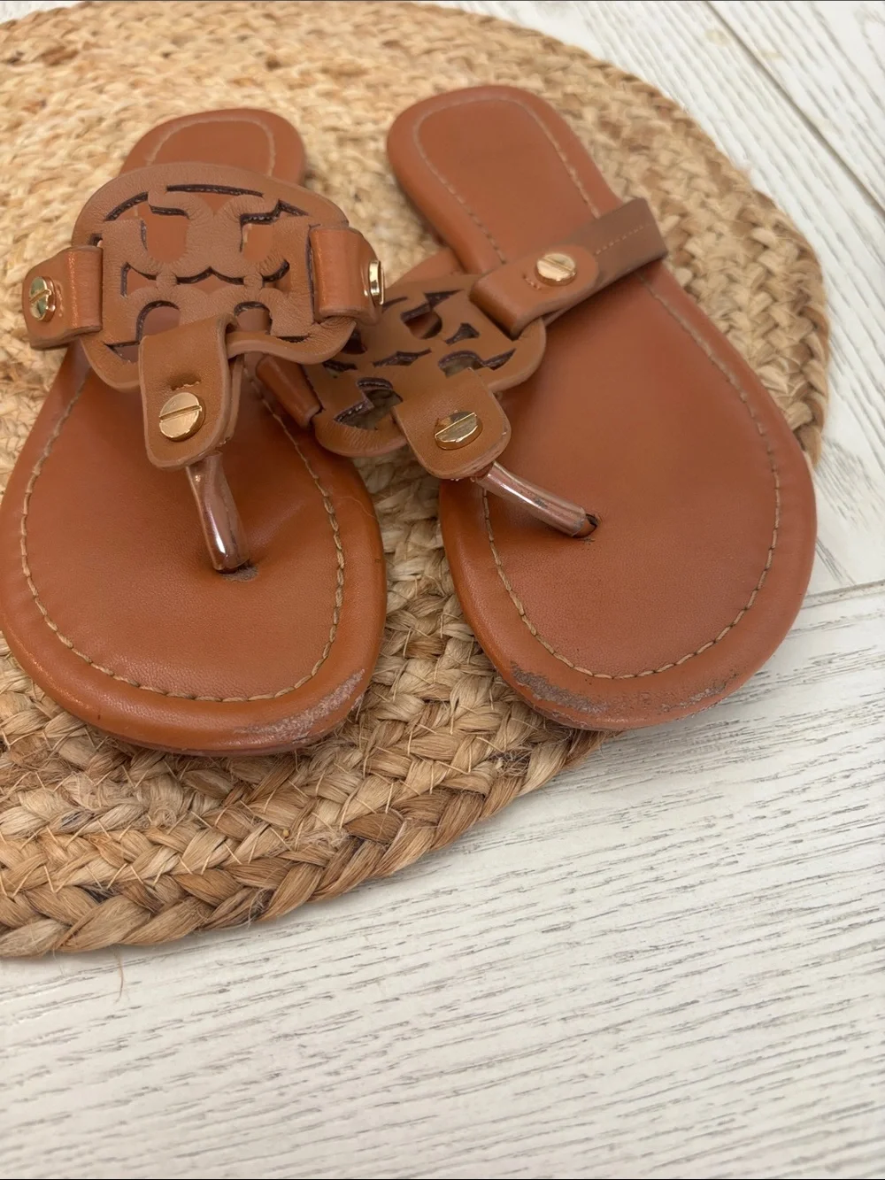Tory Burch Tan Miller Logo Leather Thong Sandals